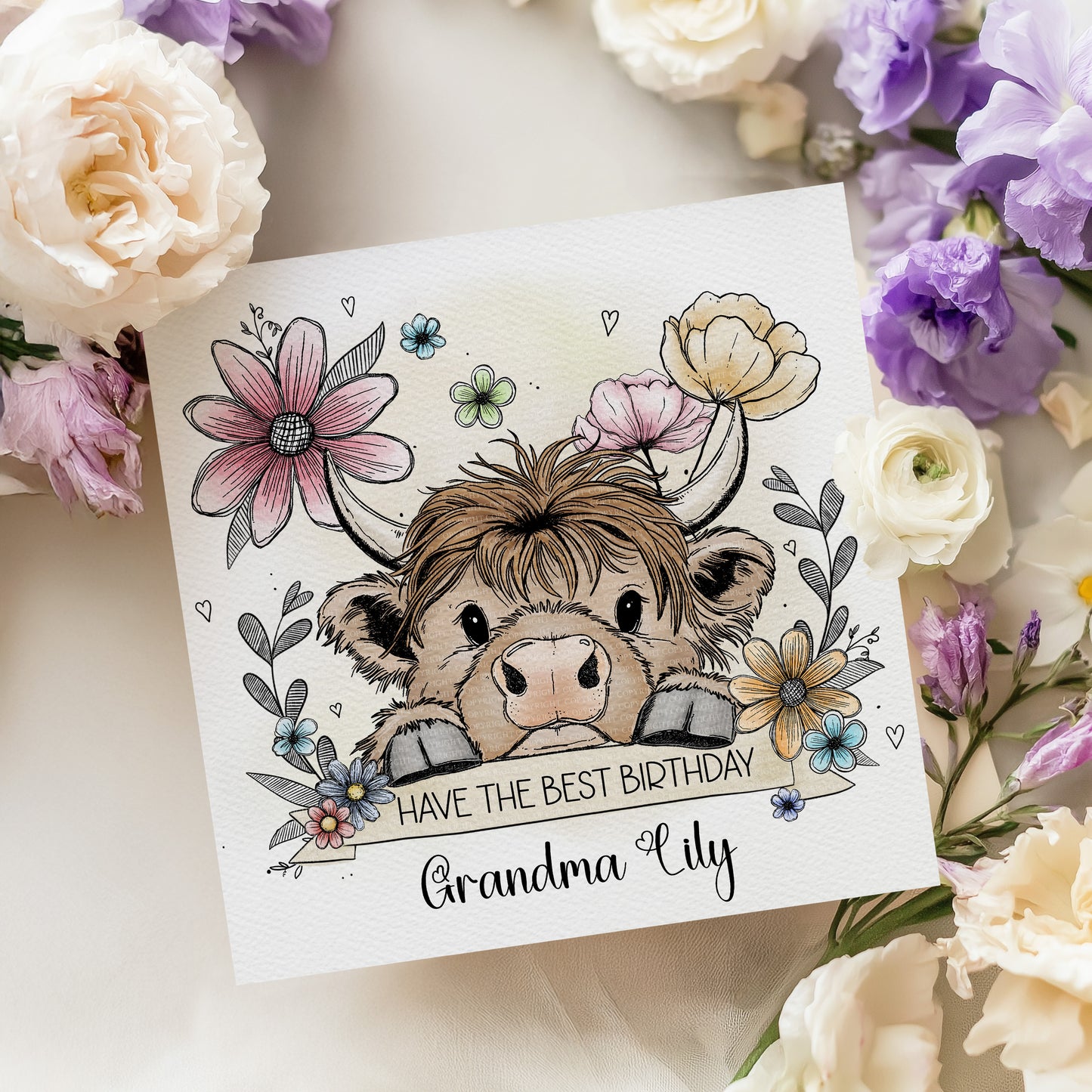 Doodle Highland Coo - Floral
