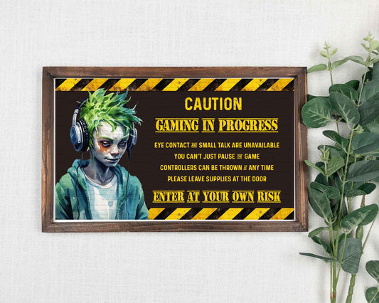 Zombie Boy Caution Gamer Door Plaque