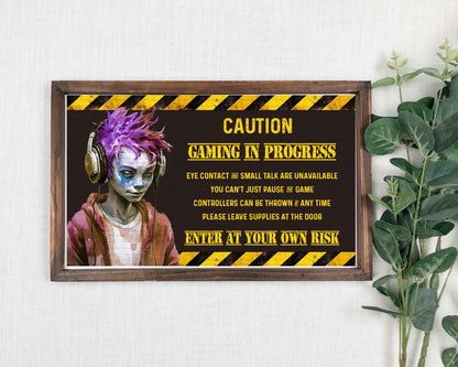 Zombie Boy Caution Gamer Door Plaque